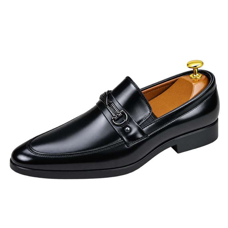 Men's Slip-On Leather Loafer Shoe Features With Silver Horsebit Buckle Detail  