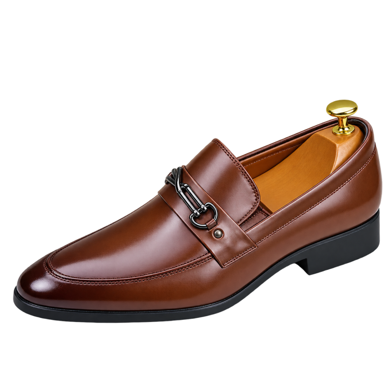 Men's Slip-On Leather Loafer Shoe Features With Silver Horsebit Buckle Detail  